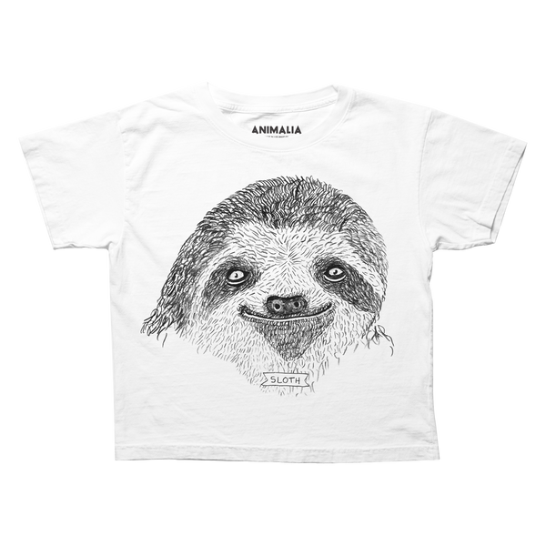 Boxy tee with sloth face and sloth banner.